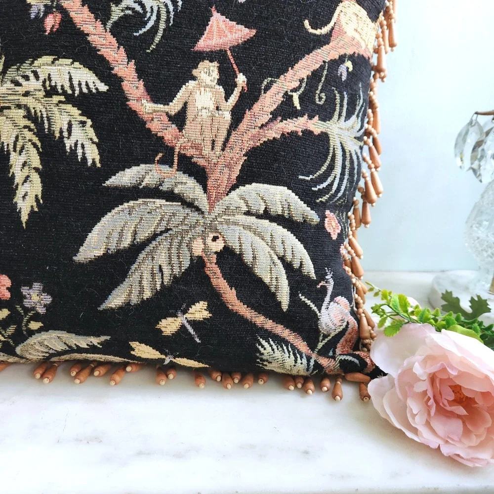 Vintage Tapestry Pillow Decorative Tropical Monkey Palm Tree Beaded Edge Feather